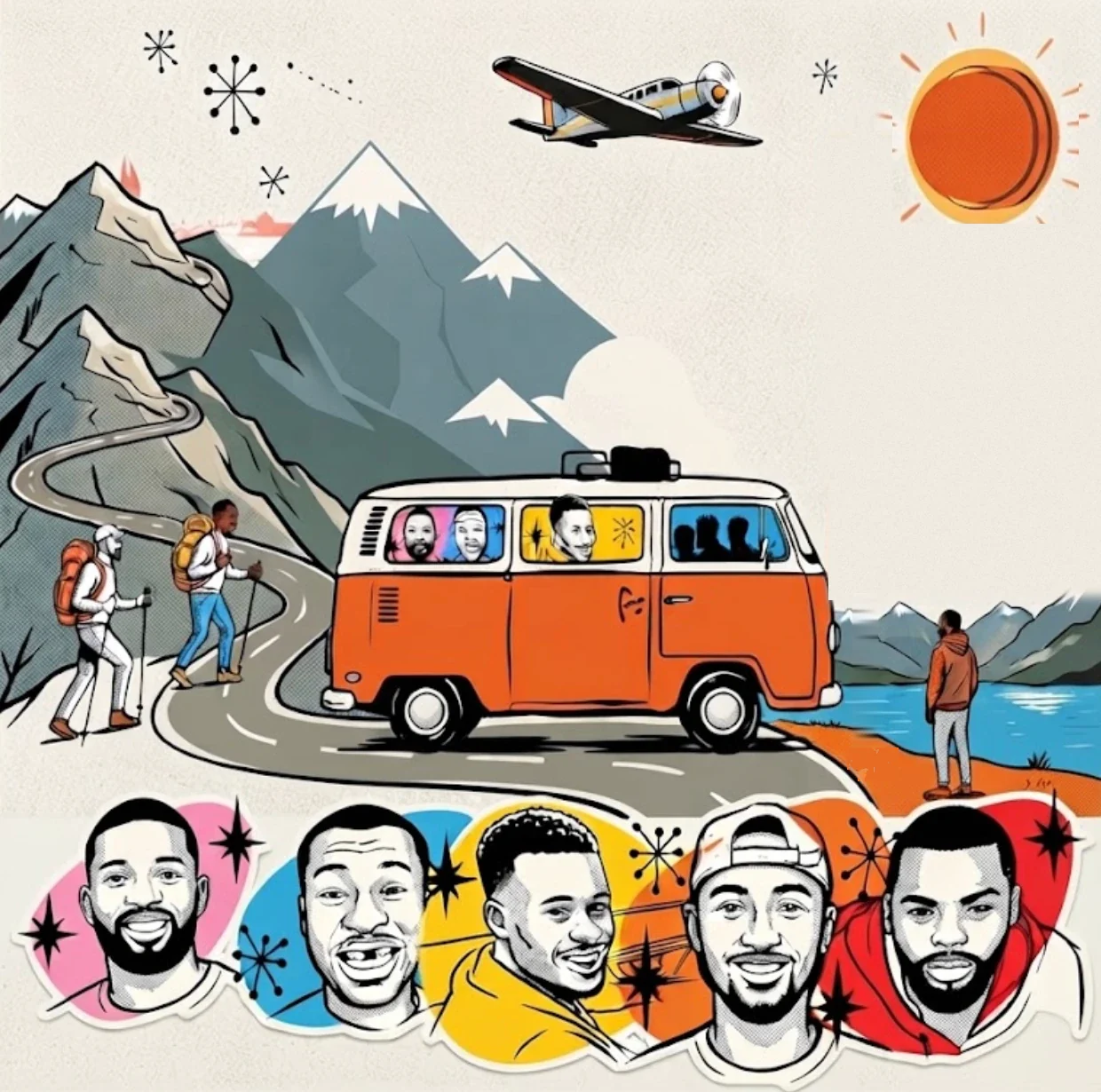 Illustration: die Gruppe mit Bulli, Bergen, Flugzeug und Wanderern