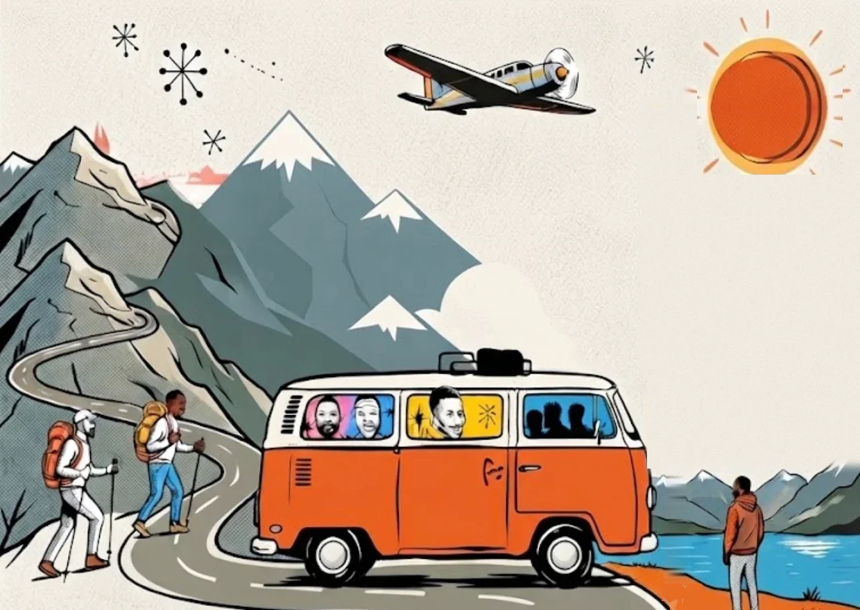 Illustration: die Gruppe mit Bulli, Bergen, Flugzeug und Wanderern